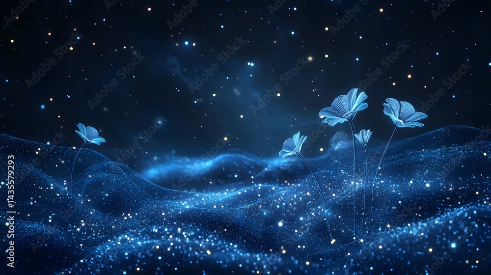 Aufkleber dreamlike abstract landscape featuring ethereal translucent flowers against a deep blue, starlit sky