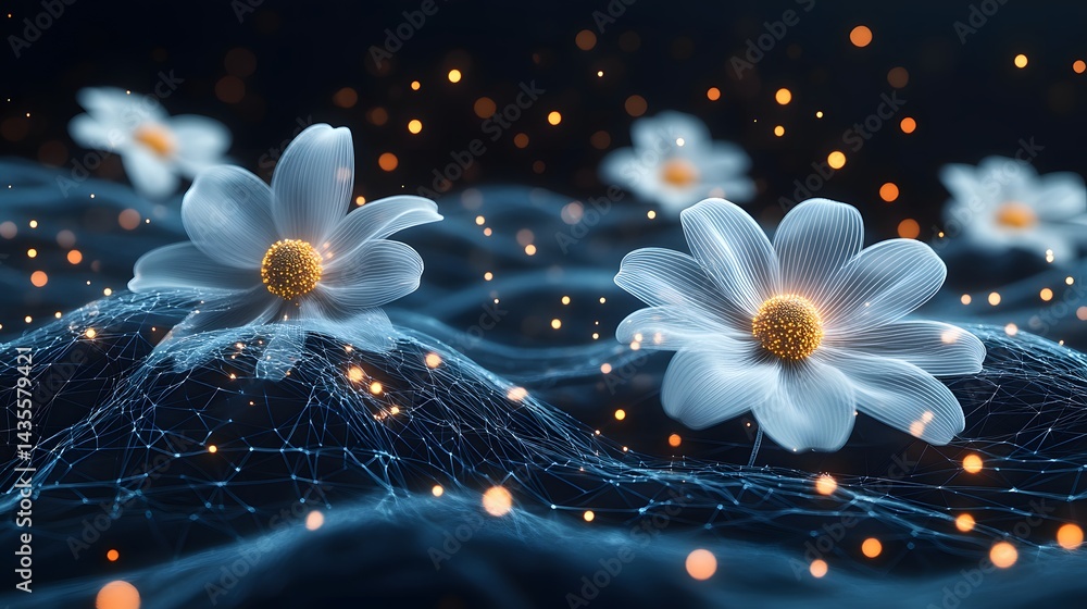 Aufkleber delicate blue flowers with golden centers bloom above a digital web. semi-transparent petals and bok