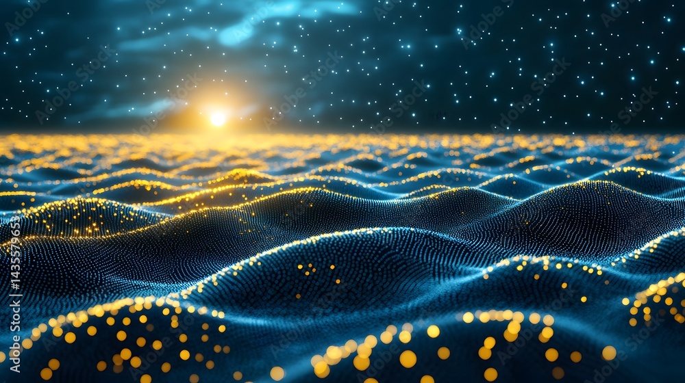 Aufkleber Surreal cosmic landscape with digital waves and glowing orbs under a starlit sky. Hazy horizon light. Ideal for sci-fi, tech, or dreamlike concepts. Abstract wireframe in dark blue.
