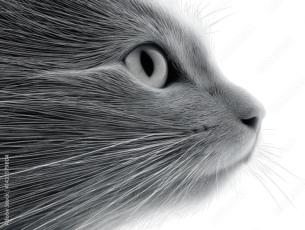 Poster detailed side view of silver gray long-haired cat with visible fine whiskers and focused eye texture