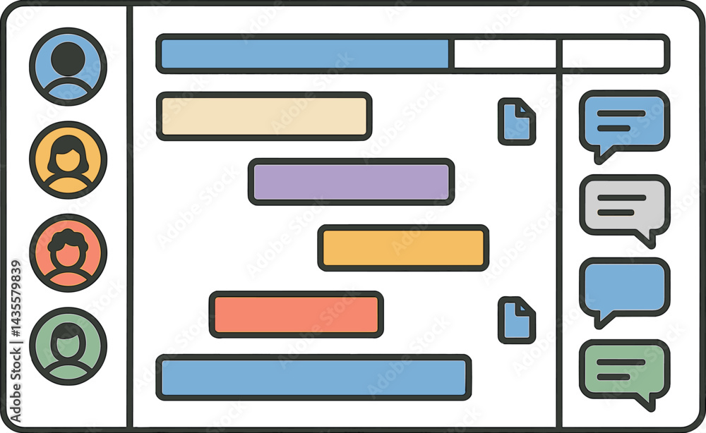Poster vector illustration of a collaborative project planner with task timelines, team icons, file attachm