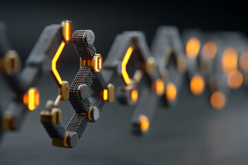 Abstract background of floating hexagonal tiles in motion,