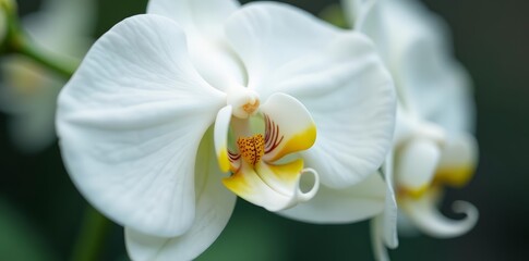 Fototapeta premium Macro shot of delicate white orchid petals showcasing intricate yellow centers, petals, botanical