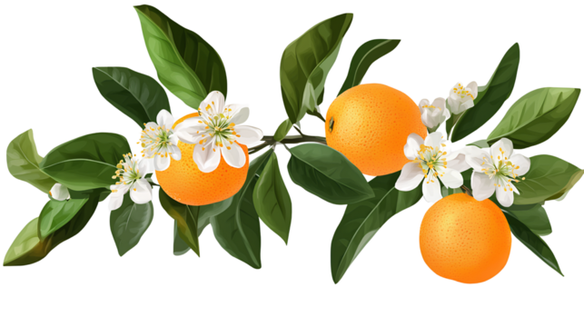  Fruit orange blossom branch with white flowers and green leaves, isolated on a transparent background