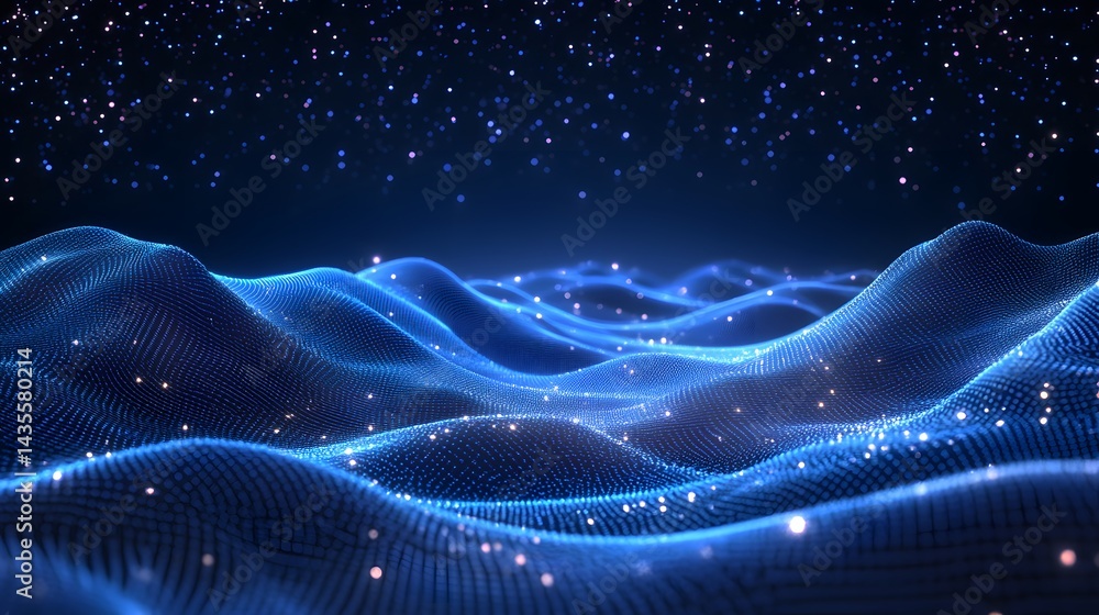 Poster Stylized blue waves glisten under a starry sky. Tiny, glowing dots form the waves, creating depth. Shimmering dots add sparkle to the serene scene. Abstract wireframe in dark blue.