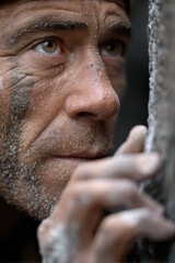 Obraz premium Man rock climbing in canyon with chalk-covered hands,