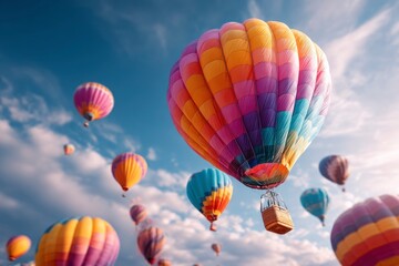 Obraz premium Colorful Hot Air Balloons Floating Gently in Cloudy Blue Sky Scene