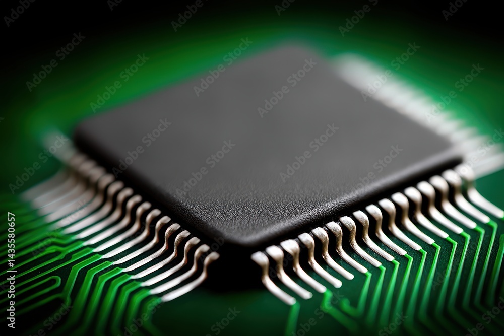 Aufkleber close up of central microprocessor on green motherboard with visible metallic pins and clear solder 