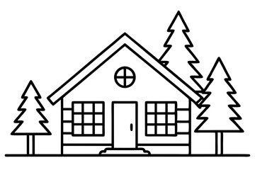 Cabin In The Woods Line Art Vector Illustration