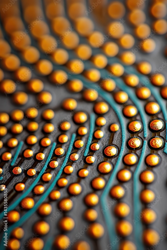 Poster extreme macro of golden pcb contacts in vertical flow showing high resolution circuit lines with tec
