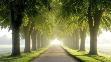 Obraz premium A road lined with tall trees and soft morning fog
