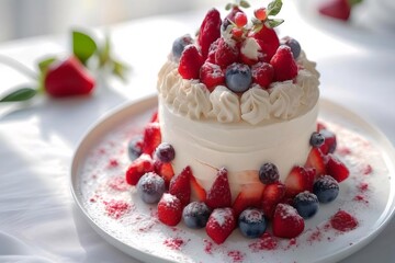 白磁皿のイチゴとブルーベリー飾り付けされたケーキ 鮮やかな赤と白のコントラスト 柔らかい光の下で美味しそうな誕生日デザート