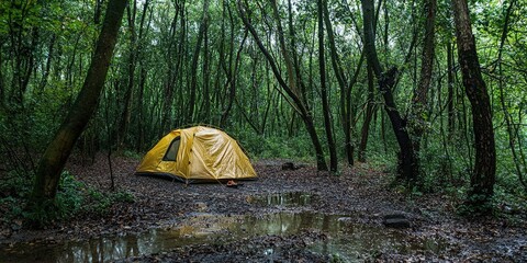 Immersed in nature-camping tent surrounded by thick, rain-soaked trees
