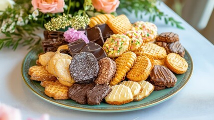 Sweet and crunchy variety of cookies and wafers in pastel and chocolate tones, beautifully plated