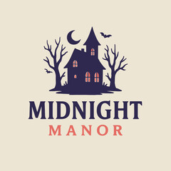 Silhouette Haunted House at Night with Moon and Bats Graphic