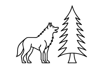 Howling Wolf And Pine Trees Line Art Vector Illustration
