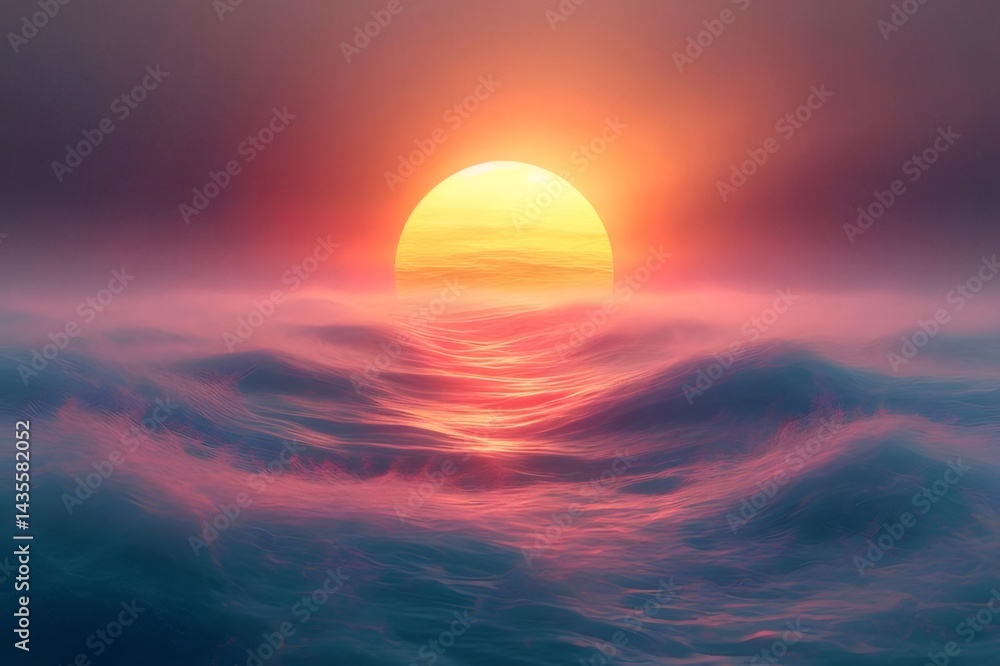 Aufkleber 夕日と海面の輝きを捉えた幻想的な風景 赤とオレンジの太陽が水面に反射する穏やかな光景