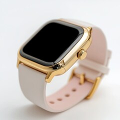 Elegant, modern wristwatch with gold-toned casing and light pink strap.