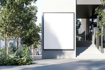 Front view mockup of a blank vertical poster on the street, near the entrance to a modern building with stairs and trees, against a white background. 