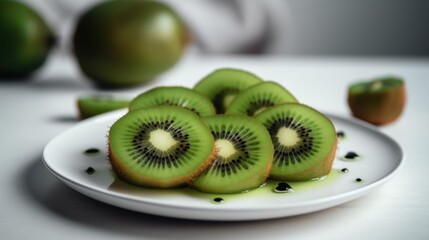 Fresh green kiwi slices on plate