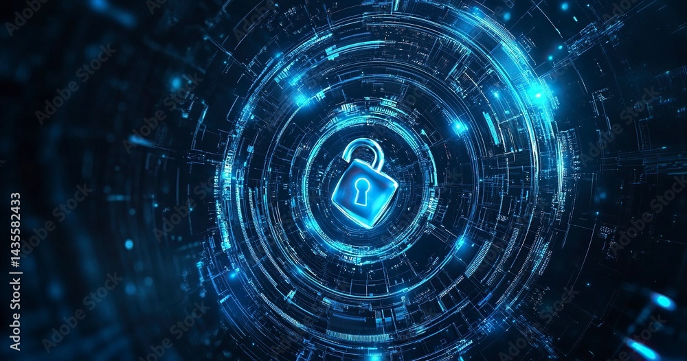Poster abstract digital security background with a padlock symbol and a blue circular pattern, a vector ill