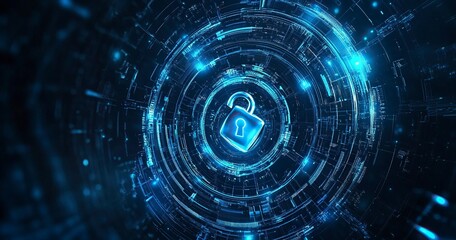 Obraz premium Abstract digital security background with a padlock symbol and a blue circular pattern, a vector illustration of a data protection technology concept. A large lock in the center on a dark, abstract, 