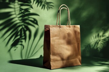 A simple brown kraft paper bag with handles stands against a vibrant green background, casting unique shadows of tropical leaves
