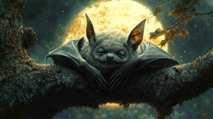 Sleepy bat perched on a tree branch under a full moon at night.