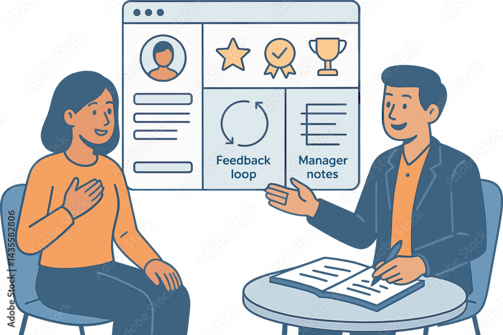 Poster frame performance review session with employee dashboard, achievement badges, feedback loop, and man