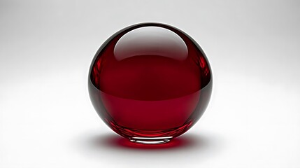 Deep red glass sphere on white background, reflecting light
