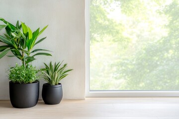 Fototapeta premium Minimalist Scandinavian living room with natural light and plants.