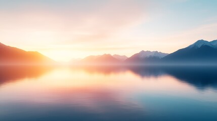 Fototapeta premium Mountains reflecting in clear lake at sunrise, peaceful atmosphere.