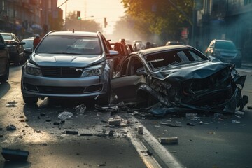 Two severely damaged cars after a collision on a city street during sunset.