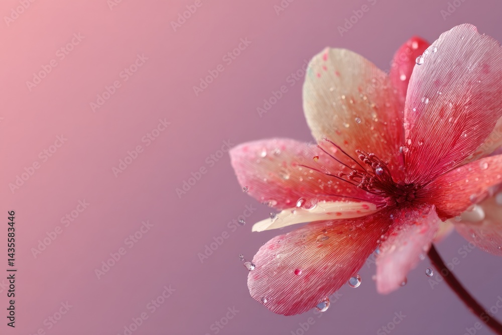 Poster a close-up of a delicate flower adorned with water droplets, featuring a gradient background that en