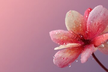Obraz premium A close-up of a delicate flower adorned with water droplets, featuring a gradient background that enhances its natural beauty during daylight
