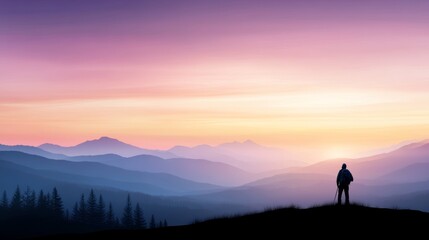 Fototapeta premium Traveler with backpack looking at mountain landscape at sunrise.