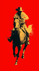 Dynamic Cowboy Charging Forward On Horse With Red Background