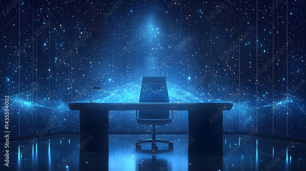 Leinwandbilder Futuristic office scene with data-displaying desk and a space-themed backdrop creates a high-tech ambiance. Perfect for showcasing innovation or technology concepts. Abstract wireframe in dark blue