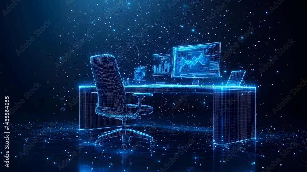 Poster futuristic workstation featuring wireframe monitors displaying data, ideal for illustrating data ana