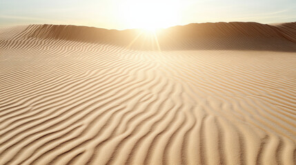 Sunlight illuminating rippled sand dunes creates serene desert landscape