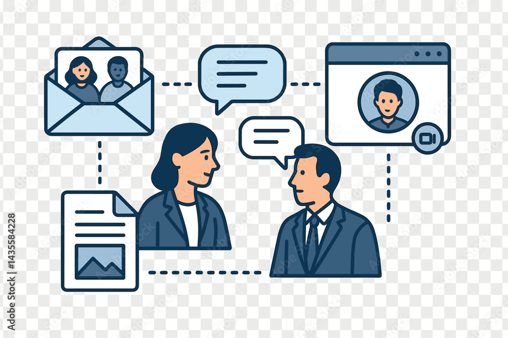 Poster frame business communication with team inbox, message threads, file sharing icons, and video call op