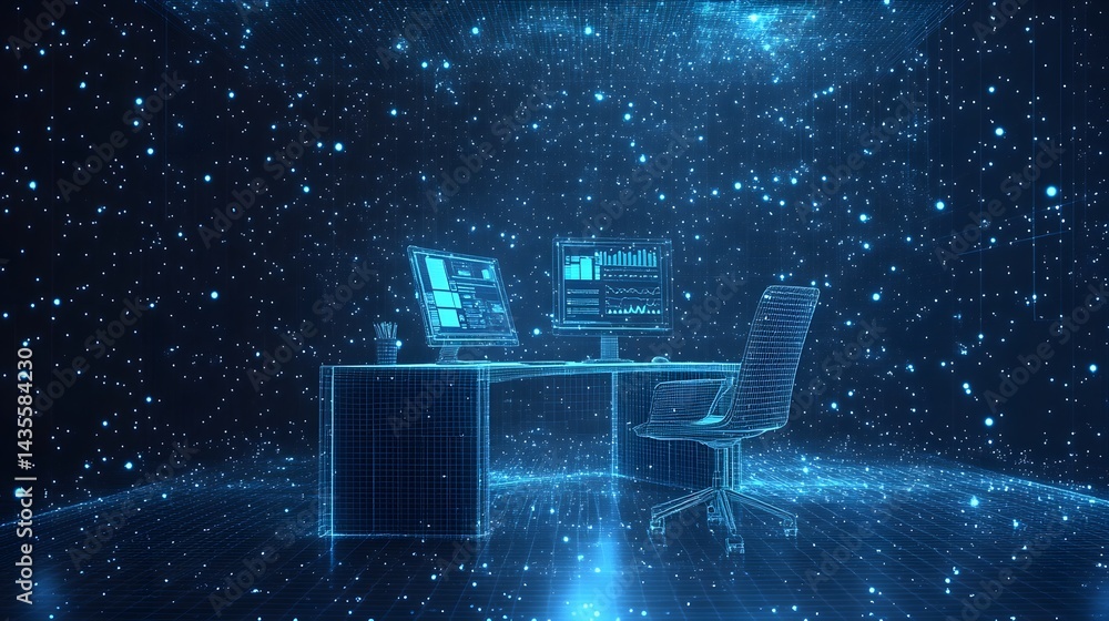 Poster holographic office setup in a starry virtual space. wireframe desk, monitors displaying data, and a 