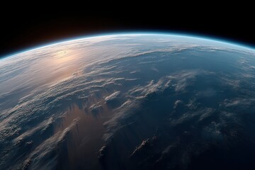 Fototapeta premium Glowing Earth curve from space orbit seen under low sun angle revealing warm light atmosphere and realistic planetary shading in cinematic earth photo