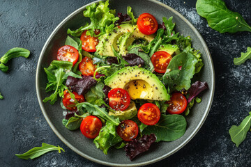 Avocado salad with diced avocado, cherry tomatoes, mixed greens, and feta cheese drizzled with balsamic vinaigrette on a white plate.