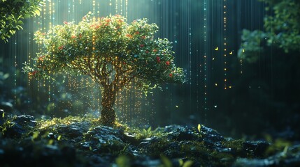 Magical glowing tree in dark forest fantasy scene with rain art red blue gold light green night