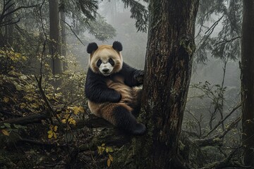 Obraz premium Giant panda sitting on a tree branch in a forest, in the Sichuan plains of China, high-resolution photography.
