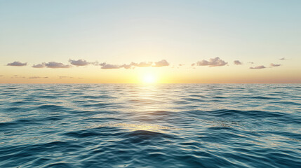 Fototapeta premium serene sunset over calm ocean, with gentle waves reflecting warm colors of sky