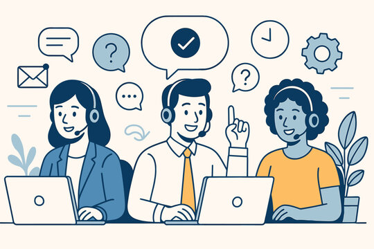Customer support and service team. Vector illustration of help desk, communication, and problem-solving. Great for service-based companies and CRM content.