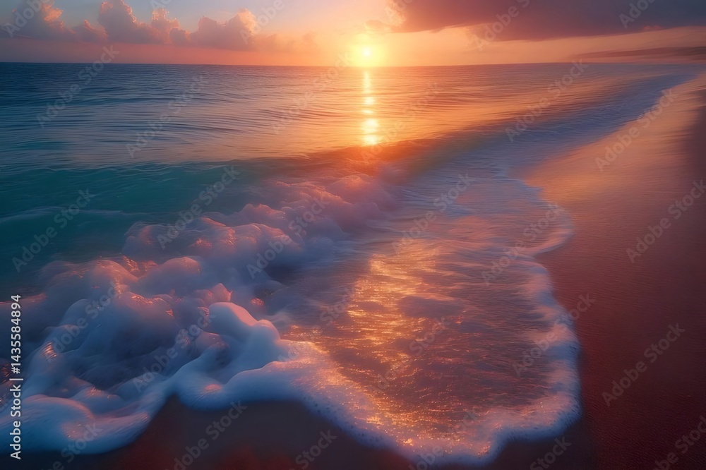 Poster 夕焼け時の海岸の波と輝く水面 オレンジ色の光が海を照らし穏やかな風景