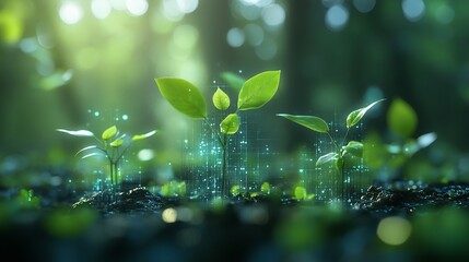 Vibrant green seedlings growing in rich soil with digital overlay farm life data stem plant earth